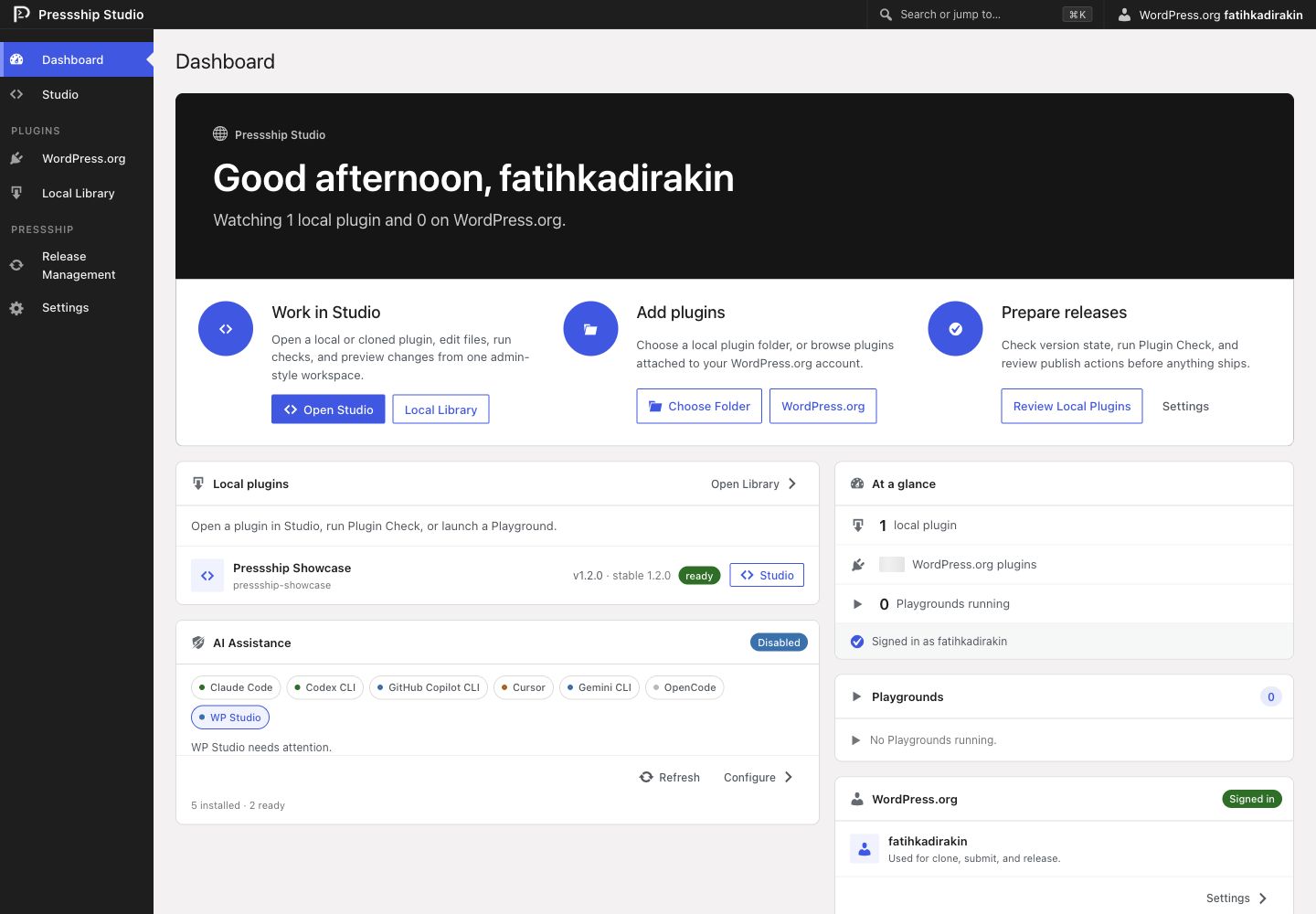 Pressship Studio dashboard overview