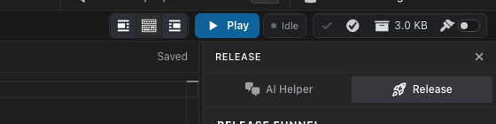 Studio toolbar with layout toggles, Play, package size, and theme controls