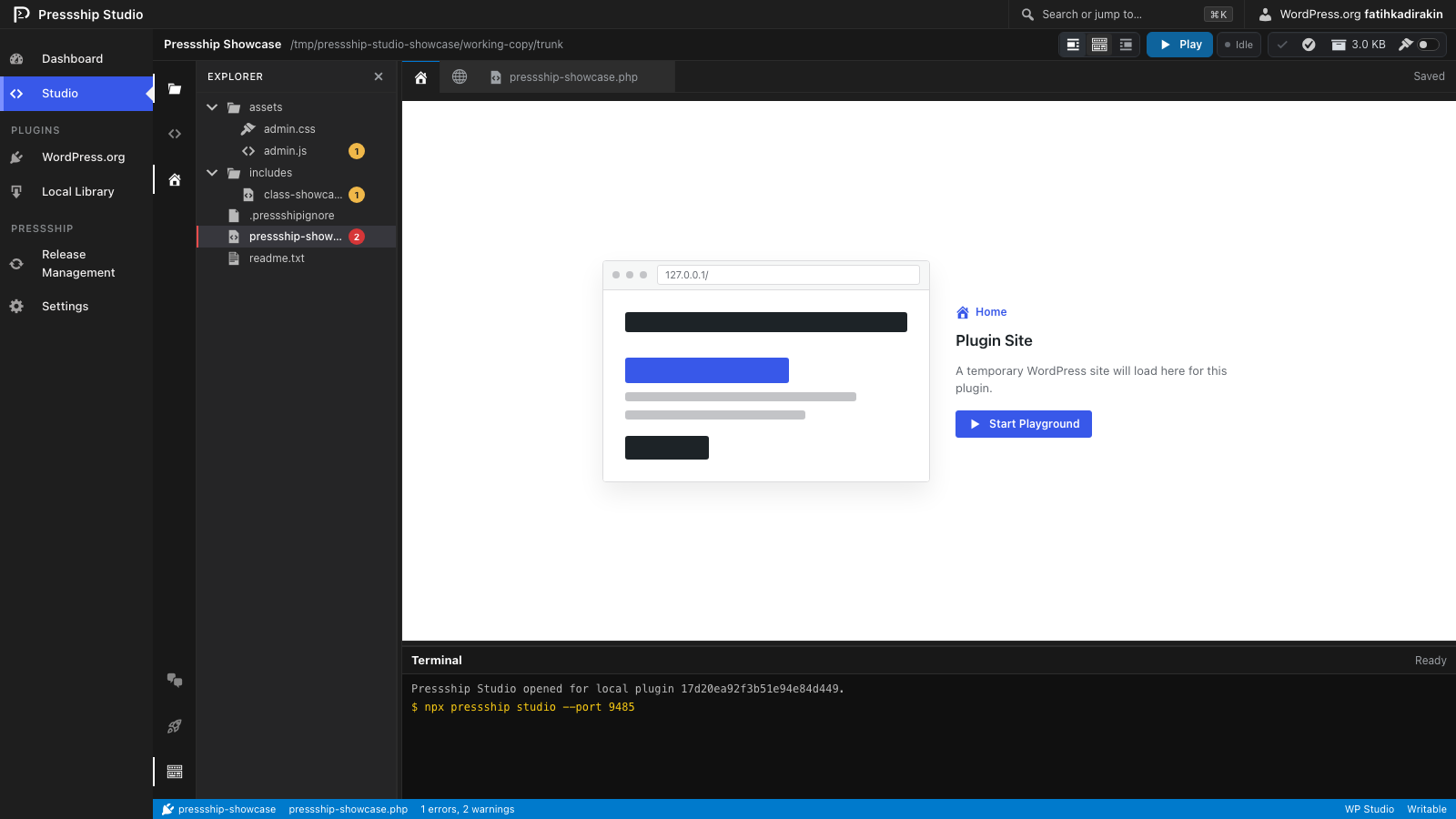 WordPress Playground preview controls inside Pressship Studio