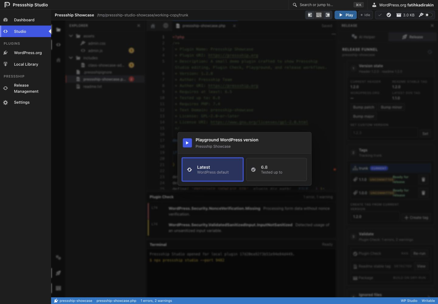 Playground WordPress version chooser for latest or Tested up to