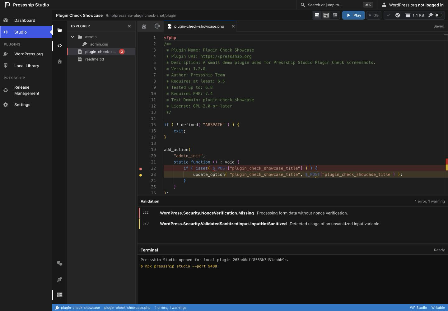 Plugin Check notes shown inside Pressship Studio