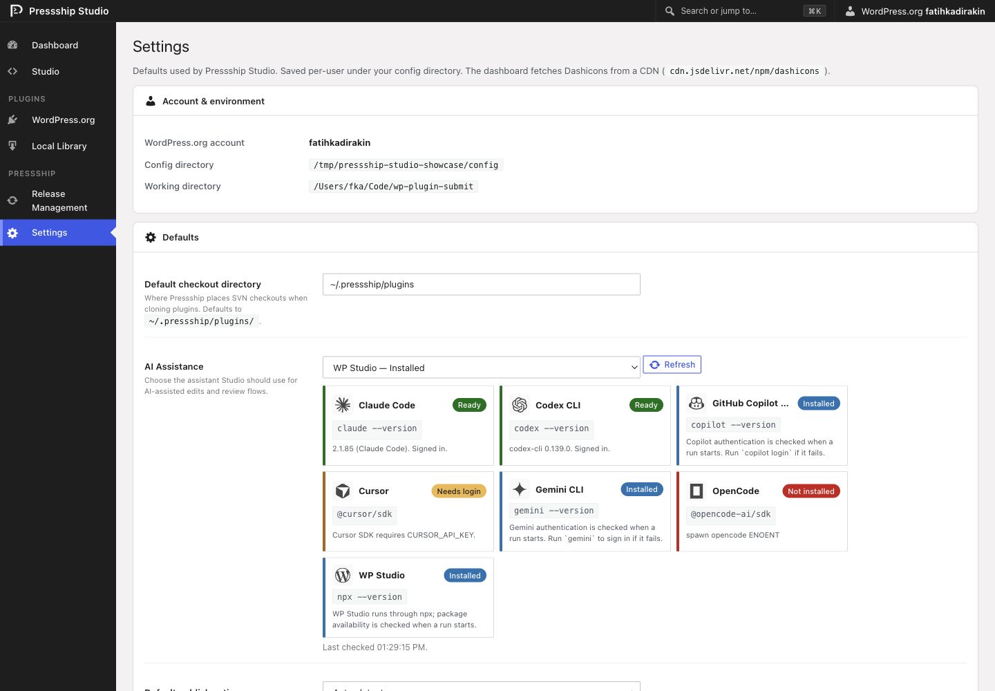 AI assistant provider settings in Pressship Studio
