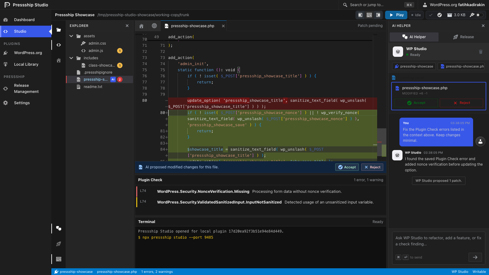 Pressship Studio workspace showing a plugin file, Plugin Check warnings, terminal output, and the AI helper pane